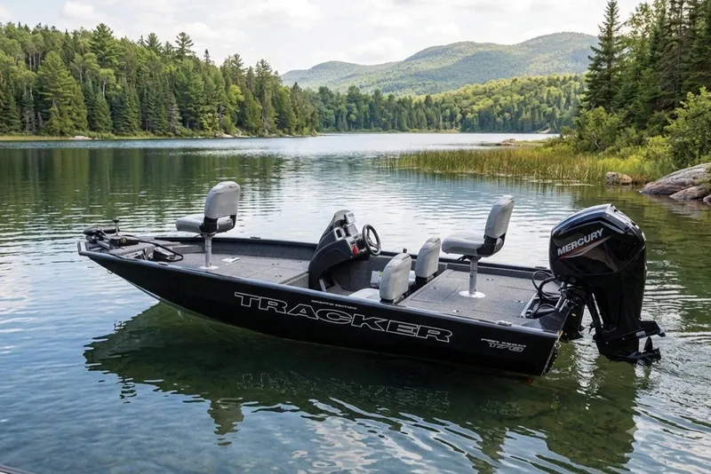 The Image of 2027 Tracker Pro Team 175 Crappie Edition boat on a scenic lake with forested hills. - 0