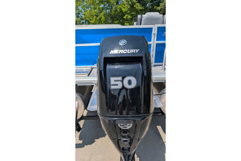 Slide: The Image of Mercury 50 horsepower engine on 2027 Sun Tracker Party Barge 16 DLX pontoon boat. - 16