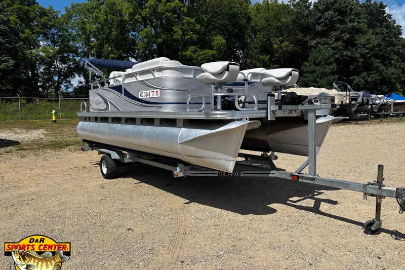 Slide: The Image of 2015 Qwest Adventure 7518 Sport Cruise pontoon boat on trailer at D&R Sports Center. - 4