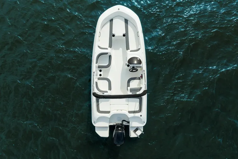 Slide: The Image of 2027 Bayliner 160 Element boat on open water, aerial view. - 4