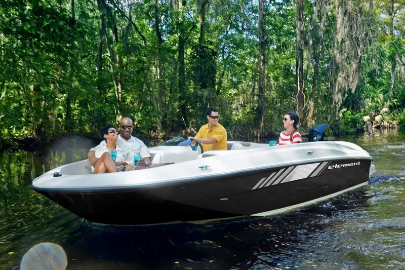 Slide: The Image of 2027 Bayliner Element E18 boat cruising with passengers on a scenic river. - 3