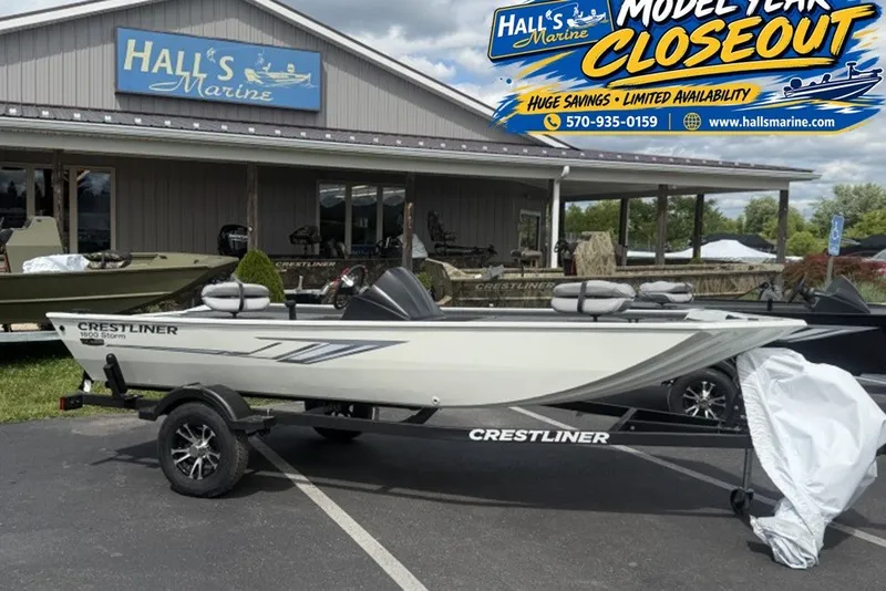The Image of 2026 Crestliner 1600 Storm boat at Hall's Marine dealership closeout event. - 0