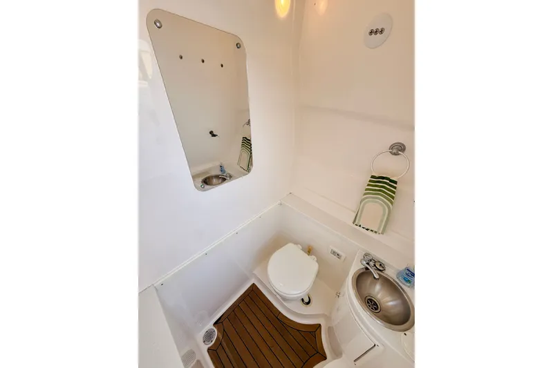 Slide: The Image of 2016 Intrepid 375 Center Console bathroom with toilet, sink, mirror, and towel. - 14