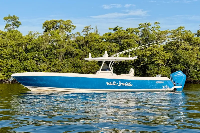 The Image of 2016 Intrepid 375 Center Console boat on water, blue hull, lush green background. - 0