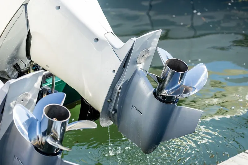 Slide: The Image of Close-up of 2023 Hinckley 35 boat propellers in water. - 33