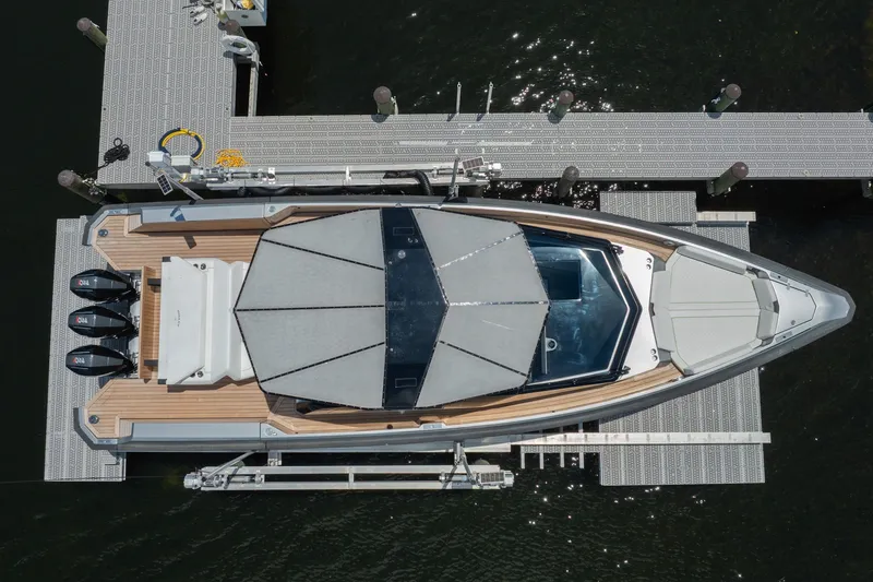 Slide: The Image of Overhead view of 2022 Wally wallytender43X yacht docked at marina. - 71