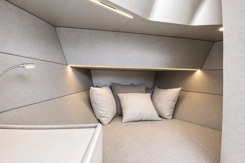 Slide: The Image of Luxurious interior cabin of 2022 Wally wallytender43X yacht with cozy cushions and ambient lighting. - 21