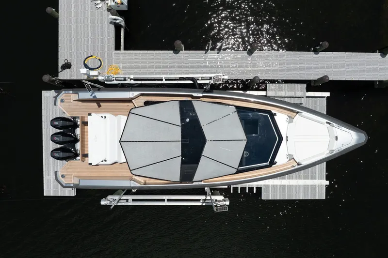 Slide: The Image of Overhead view of 2022 Wally wallytender43X yacht docked at a marina. - 3