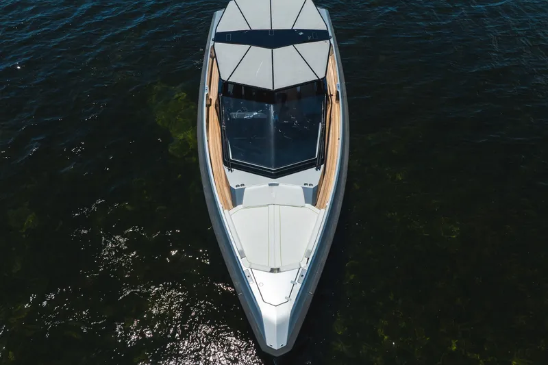 Slide: The Image of Overhead view of 2022 Wally wallytender43X luxury boat on water. - 38