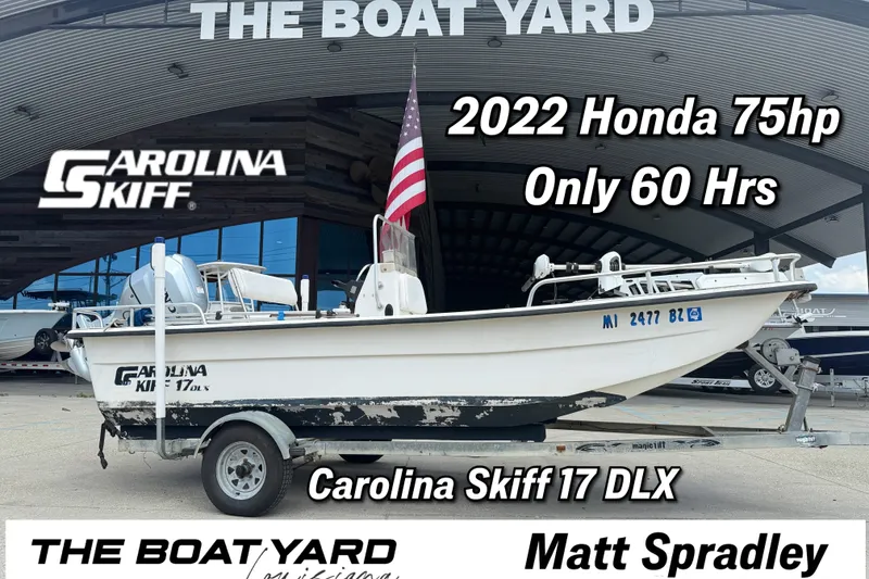 The Image of Carolina Skiff 17 DLX boat with 2022 Honda 75hp engine, displayed at The Boat Yard. - 1