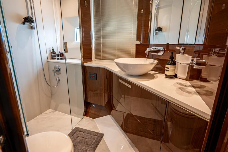 Slide: The Image of Luxurious bathroom in 2017 Princess S65 yacht, featuring modern fixtures and elegant design. - 21