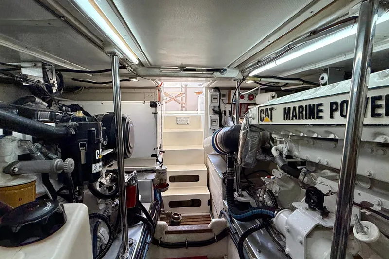 Slide: The Image of Engine room of 2003 Grand Banks 49 Eastbay HX with CAT Marine Power engines. - 72