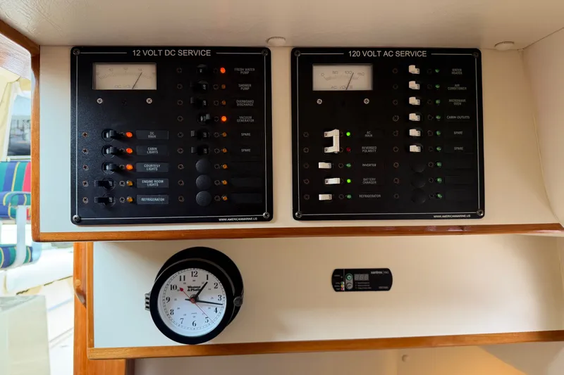 Slide: The Image of Electrical control panel on a 2006 Albin 28 Gatsby Edition boat with clock. - 39