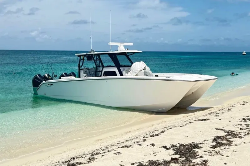 The Image of 2024 Invincible 38 Catamaran beached on tropical shore with clear blue water. - 1
