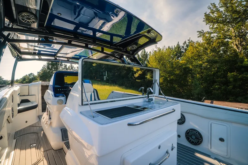 Slide: The Image of Luxurious 2020 Concept 44' Cuddy Cabin boat interior with sleek design and modern amenities. - 60