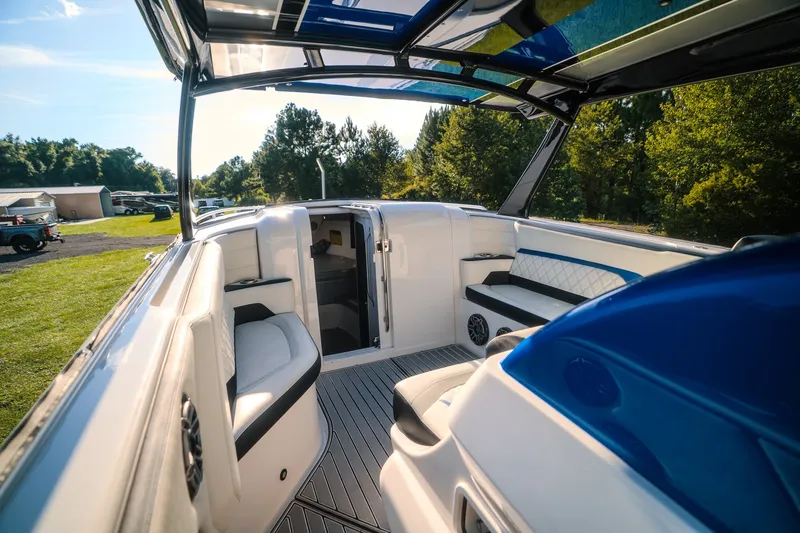 Slide: The Image of Luxurious 2020 Concept 44' Cuddy Cabin boat interior with sleek seating and modern design. - 26