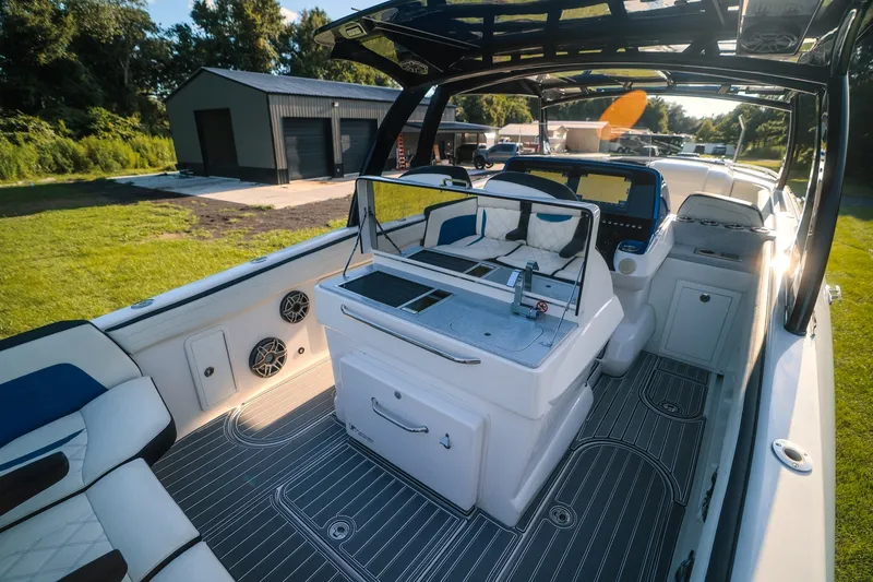 Slide: The Image of Luxurious 2020 Concept 44' Cuddy Cabin boat interior with modern seating and sleek design. - 58