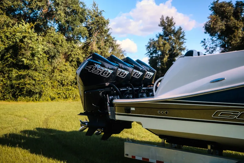 Slide: The Image of Powerful Concept 44' Cuddy Cabin boat with quad Mercury Racing 450 engines, 2020 model. - 16