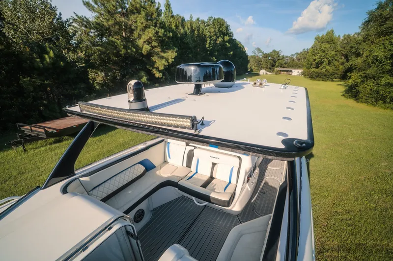 Slide: The Image of 2020 Concept 44' Cuddy Cabin boat with sleek design, spacious seating, and advanced equipment. - 35