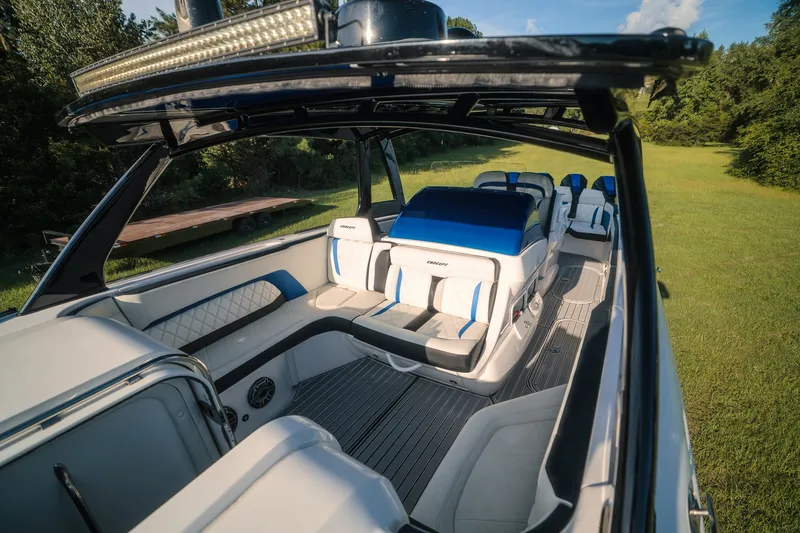 Slide: The Image of Luxurious 2020 Concept 44' Cuddy Cabin boat interior with plush seating and sleek design. - 38