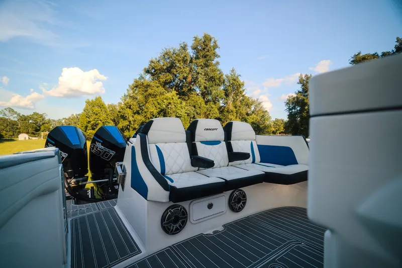 Slide: The Image of 2020 Concept 44' Cuddy Cabin boat interior with plush seating and powerful engines. - 64