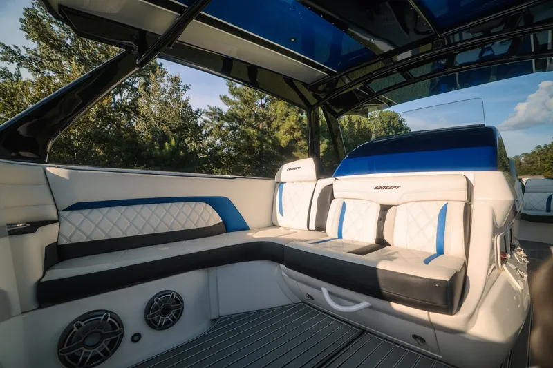 Slide: The Image of Luxurious interior of 2020 Concept 44' Cuddy Cabin boat with plush seating. - 39