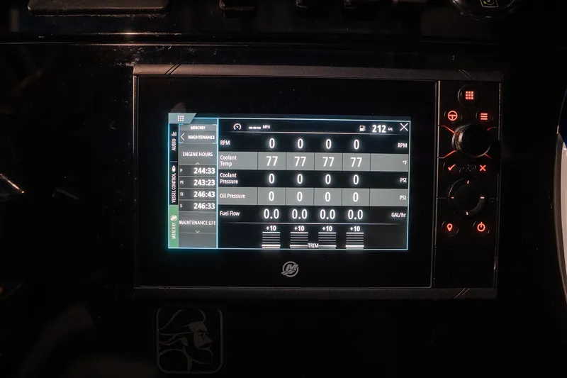 Slide: The Image of Dashboard display of a 2020 Concept 44' Cuddy Cabin boat showing engine metrics. - 45