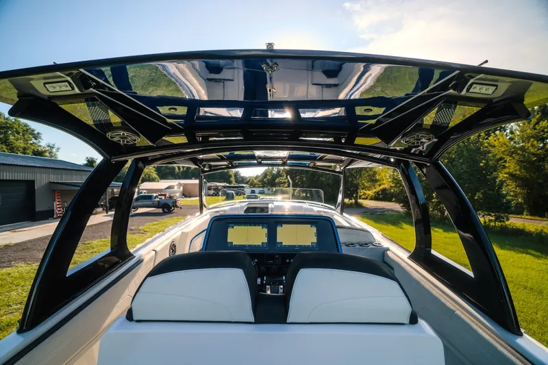 Slide: The Image of 2020 Concept 44' Cuddy Cabin boat interior with sleek design and modern dashboard. - 47