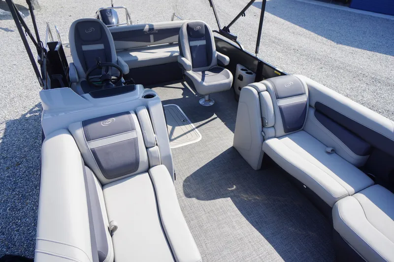 Slide: The Image of 2024 Barletta Cabrio 22UC pontoon boat interior with luxurious seating and modern design. - 5