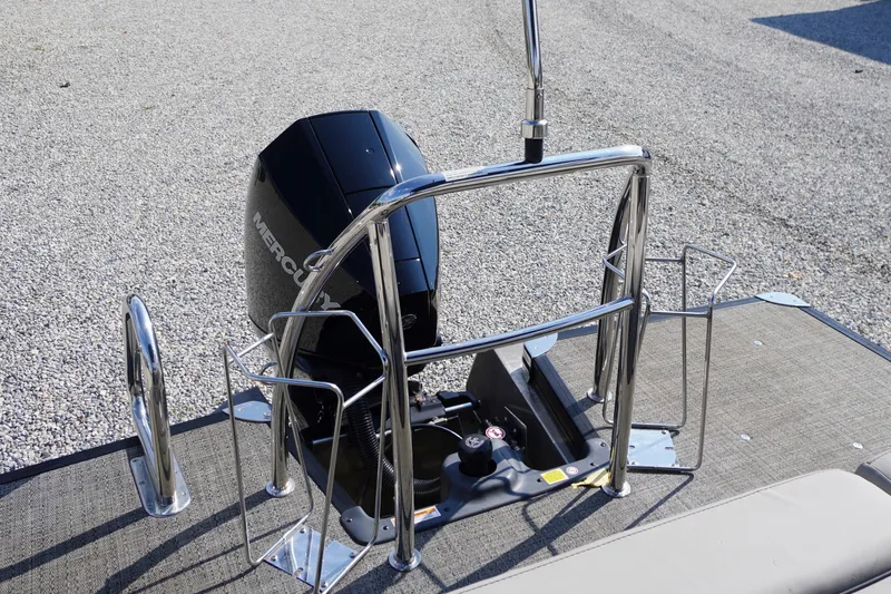 Slide: The Image of 2024 Barletta Cabrio 22UC boat with Mercury engine and stainless steel railing. - 43