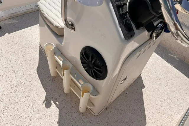 Slide: The Image of 2018 Carolina Skiff 16 JVX CC boat console with rod holders and speaker. - 7