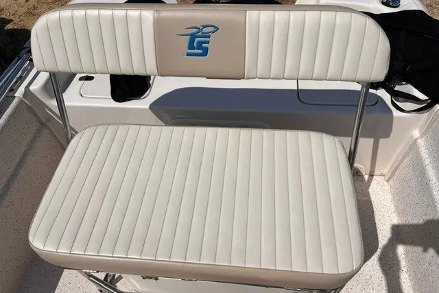 Slide: The Image of 2018 Carolina Skiff 16 JVX CC boat seat with logo, white upholstery. - 4