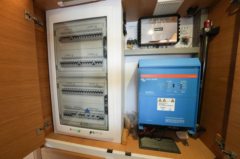 Slide: The Image of Electrical panel with Victron Energy Quattro inverter in a Balance 482, 2022 model. - 39
