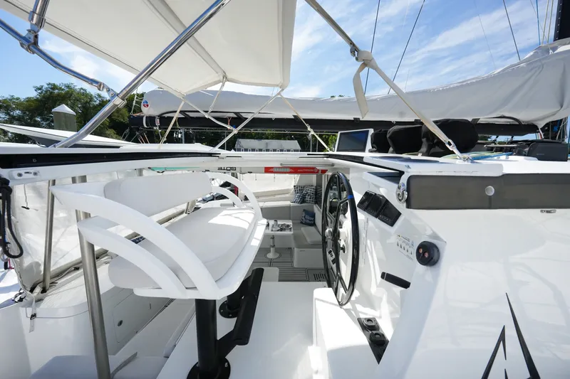 Slide: The Image of Modern Balance 482 yacht cockpit with sleek design and advanced navigation controls, 2022 model. - 17