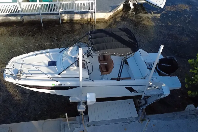 Slide: The Image of 2019 Beneteau Flyer 7.7 SPACEdeck boat docked, aerial view. - 6