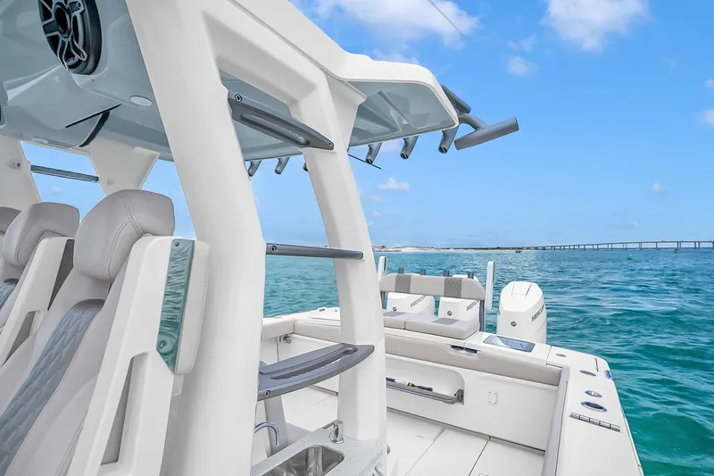 Slide: The Image of 2025 Solace 37CS boat interior with luxurious seating, ocean view, and modern design. - 67