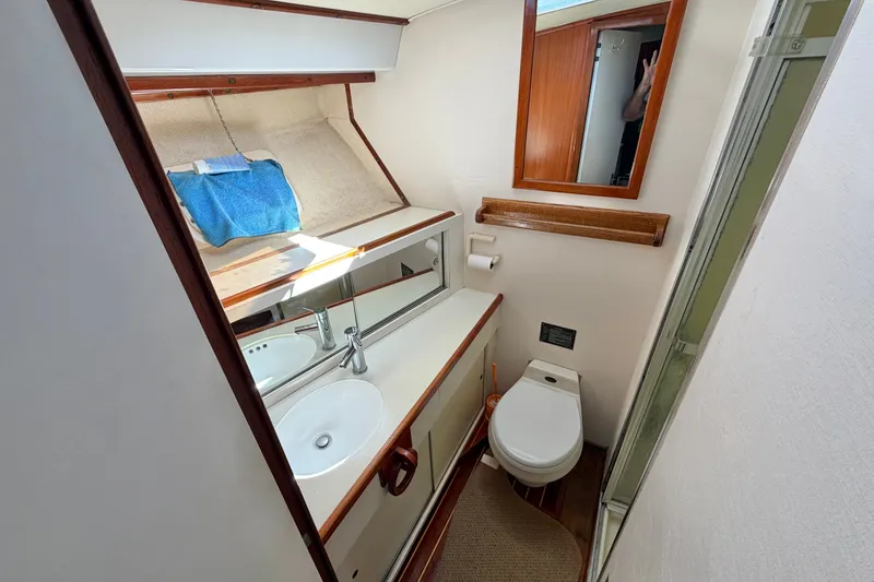 Slide: The Image of 1974 Bertram 46 Convertible yacht bathroom with sink, toilet, mirror, and shower. - 22