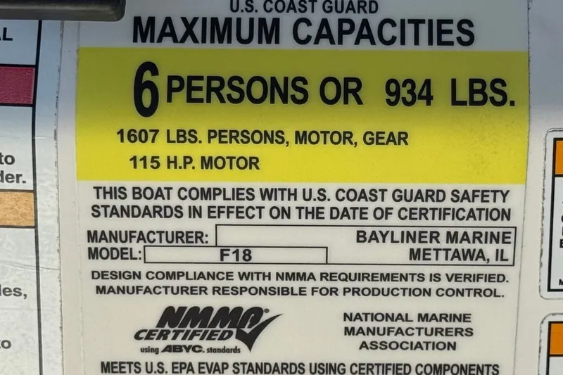 Slide: The Image of 2022 Trophy T18 Bay boat capacity label, 6 persons or 934 lbs, 115 HP motor. - 27