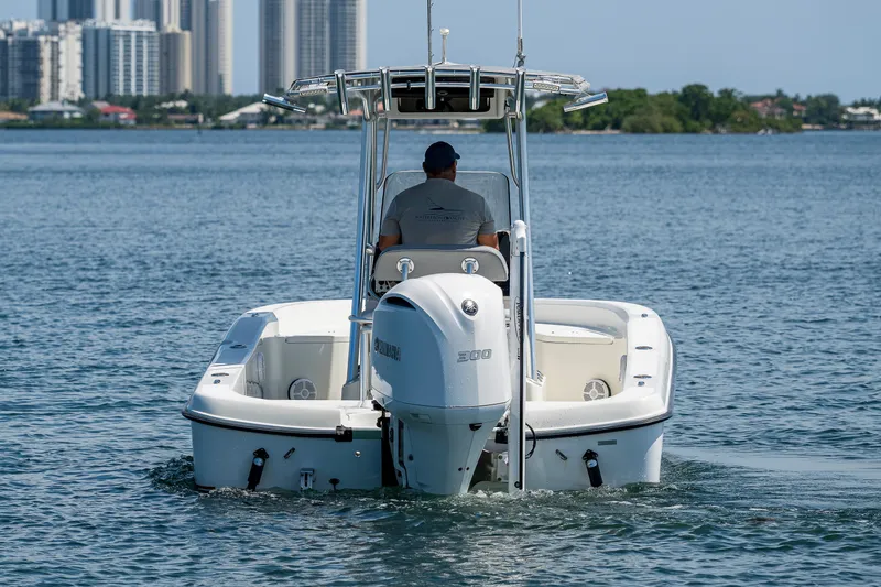 Slide: The Image of 2010 Hydra-Sports Bay Bolt 23 boat on water, city skyline in background. - 4