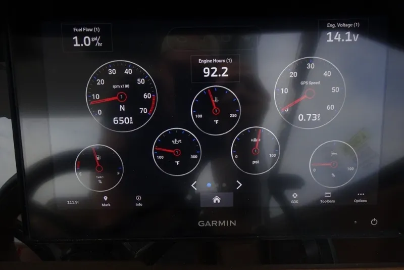 Slide: The Image of Garmin display showing Cobalt A29 boat metrics: RPM, fuel flow, engine hours, GPS speed, and voltage. - 21