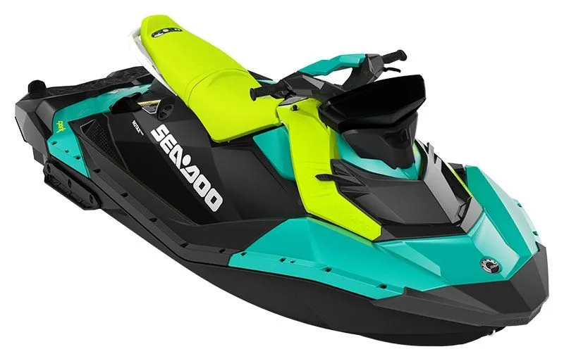 The Image of A 2022 Sea-Doo Spark 3up jet ski with a bright yellow seat and turquoise hull. - 1
