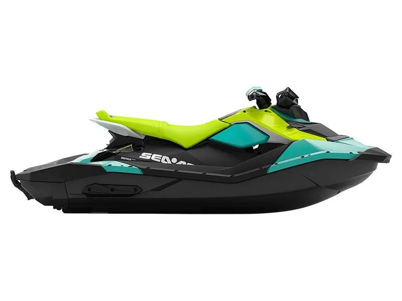 Slide: The Image of 2022 Sea-Doo Spark 3up with green seat and blue hull. - 2