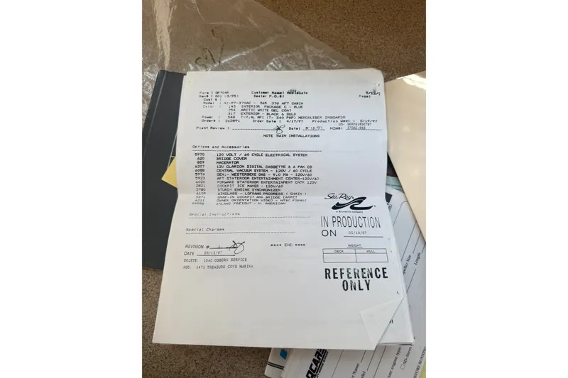 Slide: The Image of Document for 1997 Sea Ray 370 Aft Cabin boat, detailing specifications and production notes. - 56