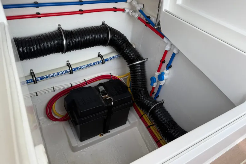 Slide: The Image of 2024 MJM 3 yacht engine compartment with wiring and ventilation system. - 45
