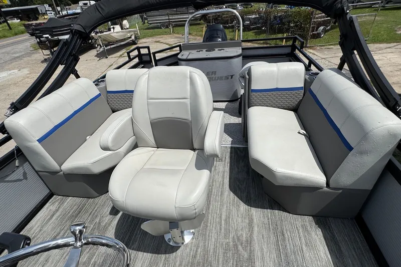 Slide: The Image of 2023 Angler Qwest 8522 All Sport Gen II Triple Tube boat interior with plush seating. - 15