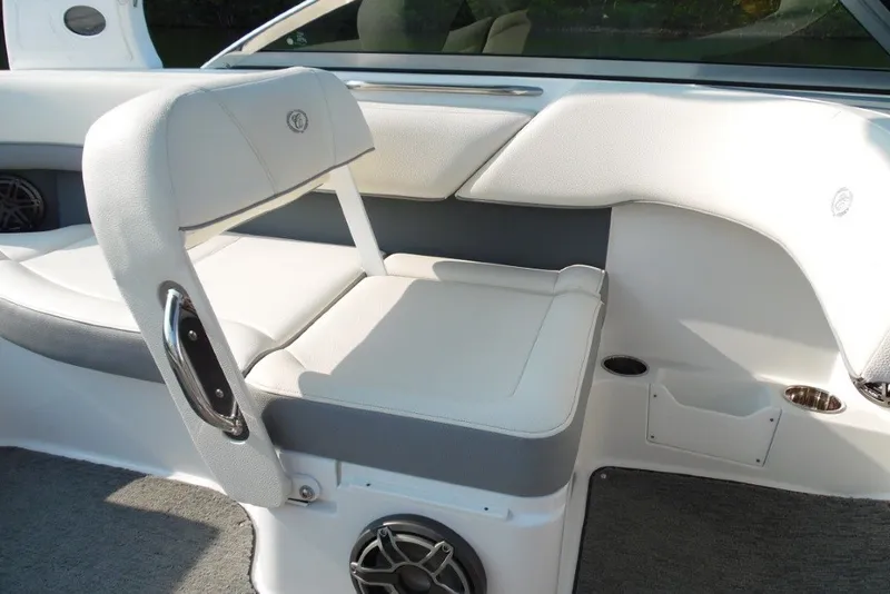 Slide: The Image of Interior seating of a 2020 Cobalt 220S boat with white upholstery. - 20