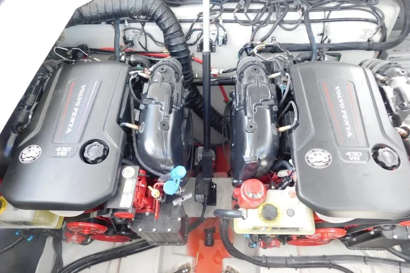 Slide: The Image of Twin Volvo Penta 430 V8 engines in a 2019 Cobalt A36BR boat. - 34