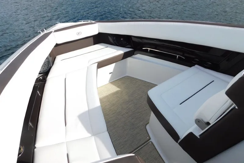 Slide: The Image of Luxurious seating area on a 2019 Cobalt A36BR boat, overlooking the water. - 26