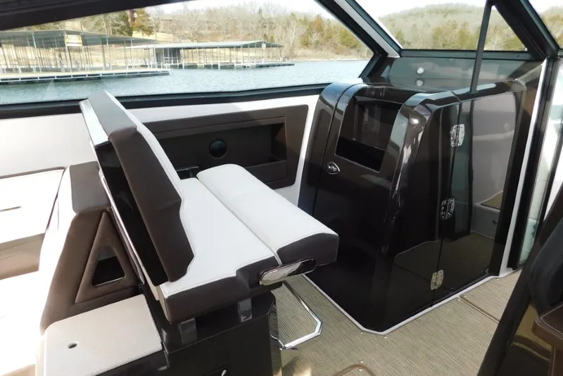 Slide: The Image of Interior of 2019 Cobalt A36BR boat with modern seating and sleek design. - 20