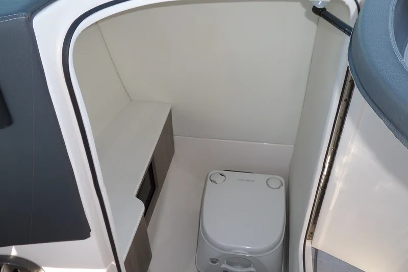 Slide: The Image of 2020 Regal LS6 boat interior with compact marine toilet and storage area. - 17